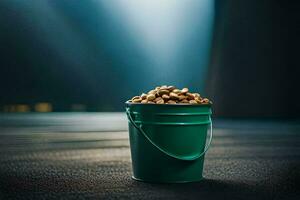 a bucket of peanuts on a dark floor. AI-Generated photo