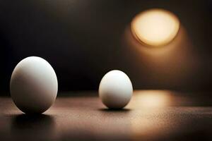 two eggs are standing in front of a light. AI-Generated photo