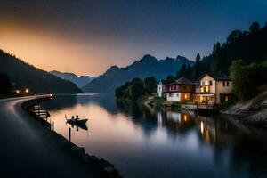 photo wallpaper the sky, mountains, lake, house, boat, sunset, house, lake,. AI-Generated