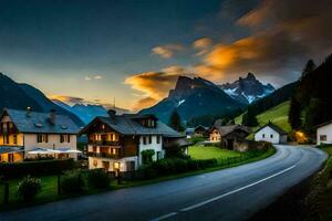 photo wallpaper the sky, mountains, road, house, the village, the road, the village. AI-Generated