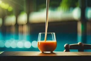 a glass of orange juice sitting on a table. AI-Generated photo