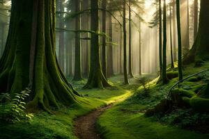 a path through a forest with mossy trees. AI-Generated photo