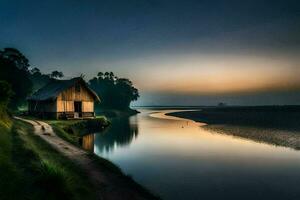 a small hut sits on the side of a river at sunset. AI-Generated photo