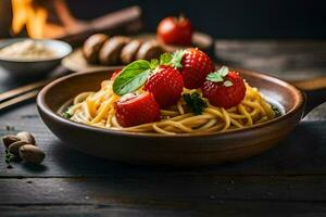 spaghetti with strawberries and nuts on a wooden table. AI-Generated photo