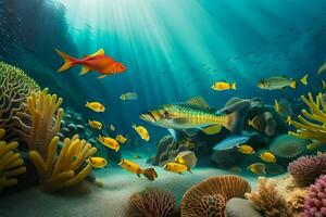 pescado nadando en el Oceano con coral arrecifes y otro pez. generado por ai foto