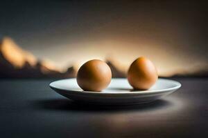 two eggs on a plate in front of a mountain. AI-Generated photo