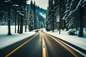 a snowy road in the woods. AI-Generated photo