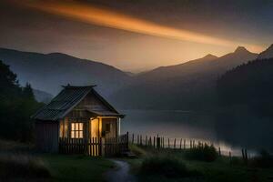 un pequeño cabina se sienta en el lado de un lago a puesta de sol. generado por ai foto