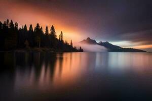 un hermosa puesta de sol terminado un lago con arboles y montañas. generado por ai foto