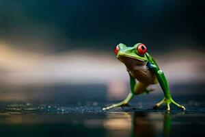 a frog with red eyes standing on a wet surface. AI-Generated photo