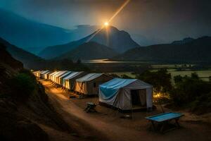 a view of the mountains and tents at night. AI-Generated photo