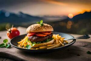 a hamburger and french fries on a plate with a sunset in the background. AI-Generated photo