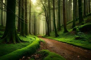 a path through a green forest with mossy trees. AI-Generated photo
