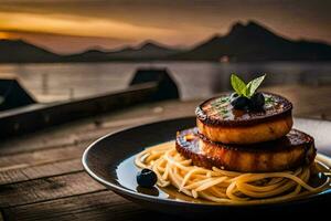 a plate of pasta with scallops and a view of the sunset. AI-Generated photo
