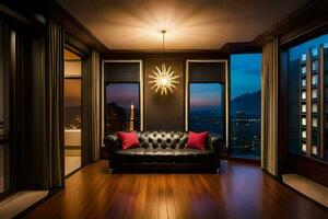 the living room of a luxury hotel with a view of the city. AI-Generated photo