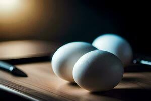 three eggs on a cutting board with a knife. AI-Generated photo