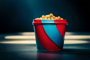 a bucket of popcorn on a dark table. AI-Generated photo