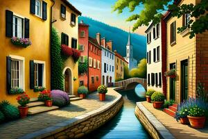 a painting of a small town with a canal. AI-Generated photo