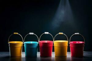 five buckets with different colors on a dark table. AI-Generated photo