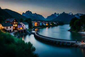 un río y casas en el montañas a oscuridad. generado por ai foto