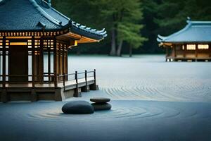 a japanese pavilion sits in the sand with rocks and a stone. AI-Generated photo