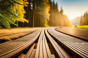a wooden track in the middle of a forest. AI-Generated photo
