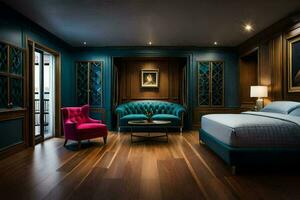 un dormitorio con azul paredes y madera pisos generado por ai foto