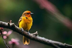 a yellow bird sitting on a branch. AI-Generated photo