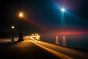 un largo exposición fotografía de un calle ligero en el playa a noche. generado por ai foto