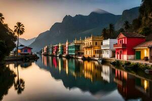 colorful houses line the water in front of mountains. AI-Generated photo