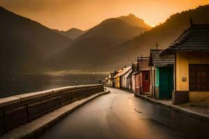 un largo la carretera con casas y montañas en el antecedentes. generado por ai foto