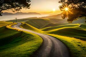 the sun rises over the green hills and a winding road. AI-Generated photo