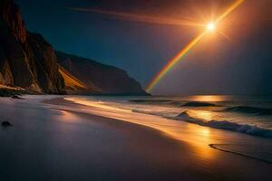 un arco iris brilla terminado el Oceano y un playa. generado por ai foto