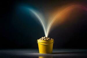 a bucket filled with peanuts is being blown by a colorful stream. AI-Generated photo