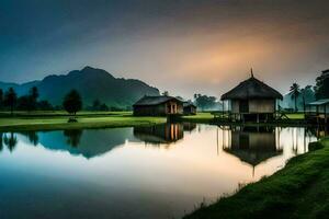 a small village with thatched huts by a lake. AI-Generated photo