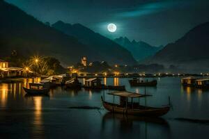 barcos en el agua a noche con un lleno Luna. generado por ai foto