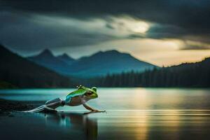 a frog sitting on the edge of a lake with mountains in the background. AI-Generated photo