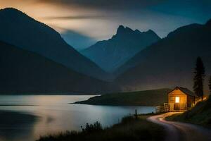 un cabina se sienta en el lado de un montaña con vista a un lago. generado por ai foto