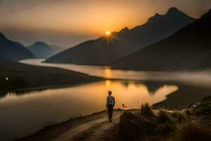 a man stands on a path overlooking a lake at sunset. AI-Generated photo