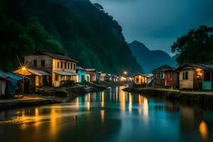 houses along the river at night in vietnam. AI-Generated photo