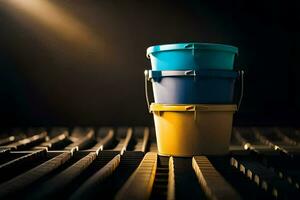 three buckets sitting on top of a wooden table. AI-Generated photo