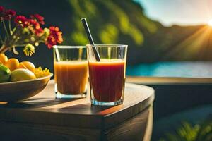 two glasses of juice on a table with a bowl of fruit. AI-Generated photo