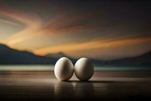 two eggs are sitting on a table in front of a lake. AI-Generated photo