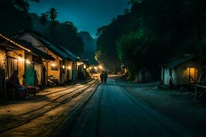 a man walks down a dirt road at night. AI-Generated photo