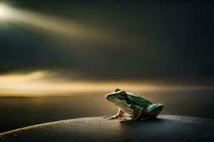 a frog sitting on a rock in front of the sun. AI-Generated photo