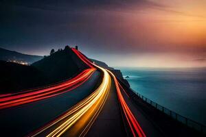 a long exposure photo of a highway with lights. AI-Generated