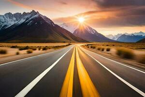 el Dom es ajuste terminado un montaña rango y un la carretera. generado por ai foto