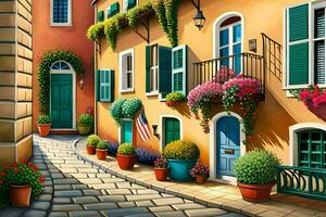 a painting of a street with flowers and plants. AI-Generated photo