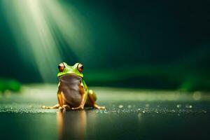 a frog sitting on the ground with a bright light shining on it. AI-Generated photo