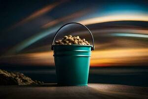 a bucket of peanuts on a beach with a sunset in the background. AI-Generated photo